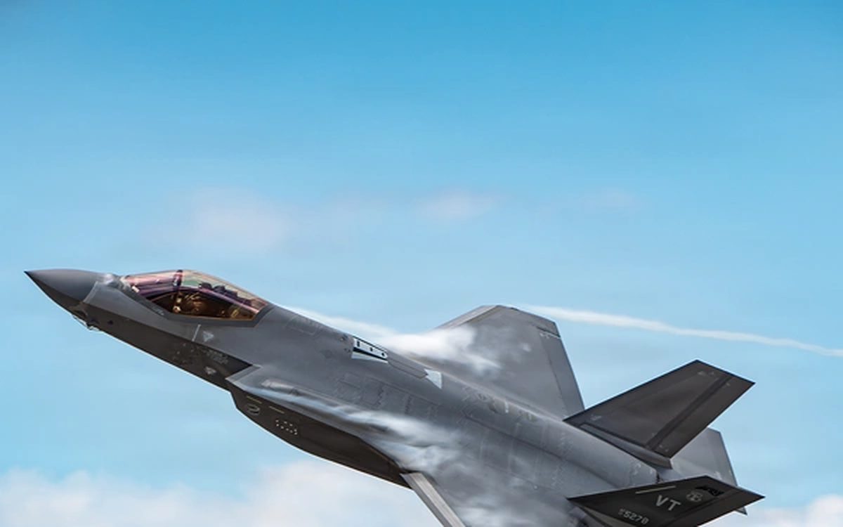 F-35 fighter in flight against a blue sky